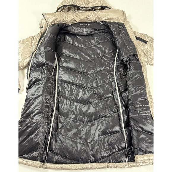 Y2K Andrew Marc XXL Metallic Hooded Down Puffer Coat 650 Fill Taupe Minimalist - Picture 10 of 14